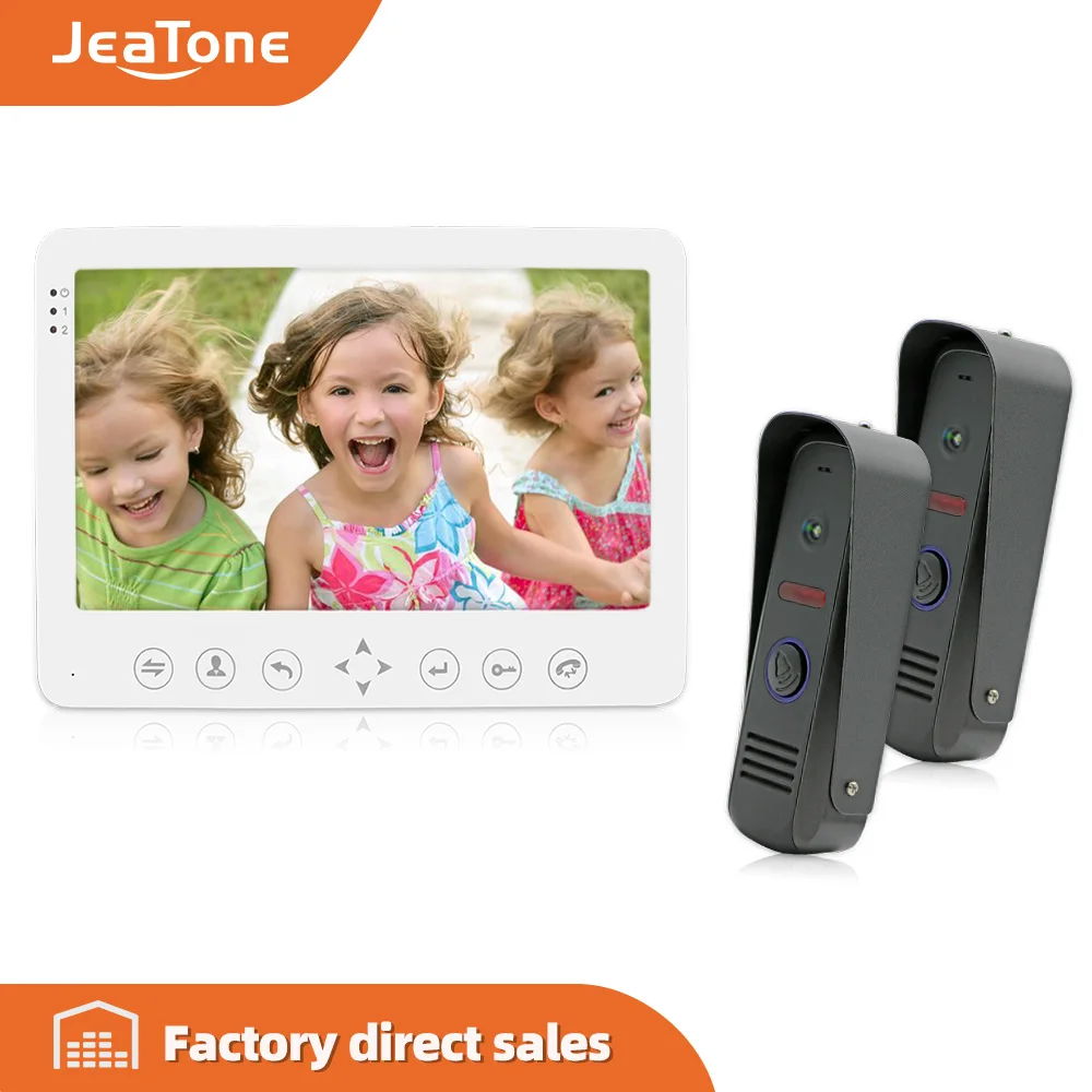

Видеодомофон JeaTone, 2 Наружные камеры + монитор 7 дюймов, дверной звонок, водонепроницаемое многоязычное меню, встроенная память