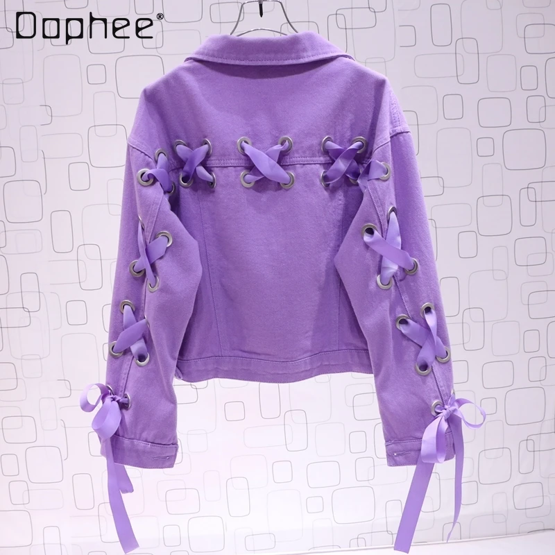 

2021 Spring and Autumn New Loose Short Female Versatile Student Bow Bandage Jacket Jacket Denim Jacket Purple