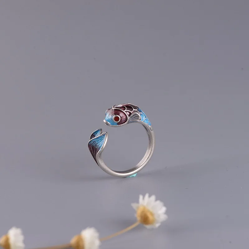 

Fashion Retro Carp Ring Silver Plated Opening Adjustable Ring Women's National Style Classic Fortune Jewelry Birthday Gift