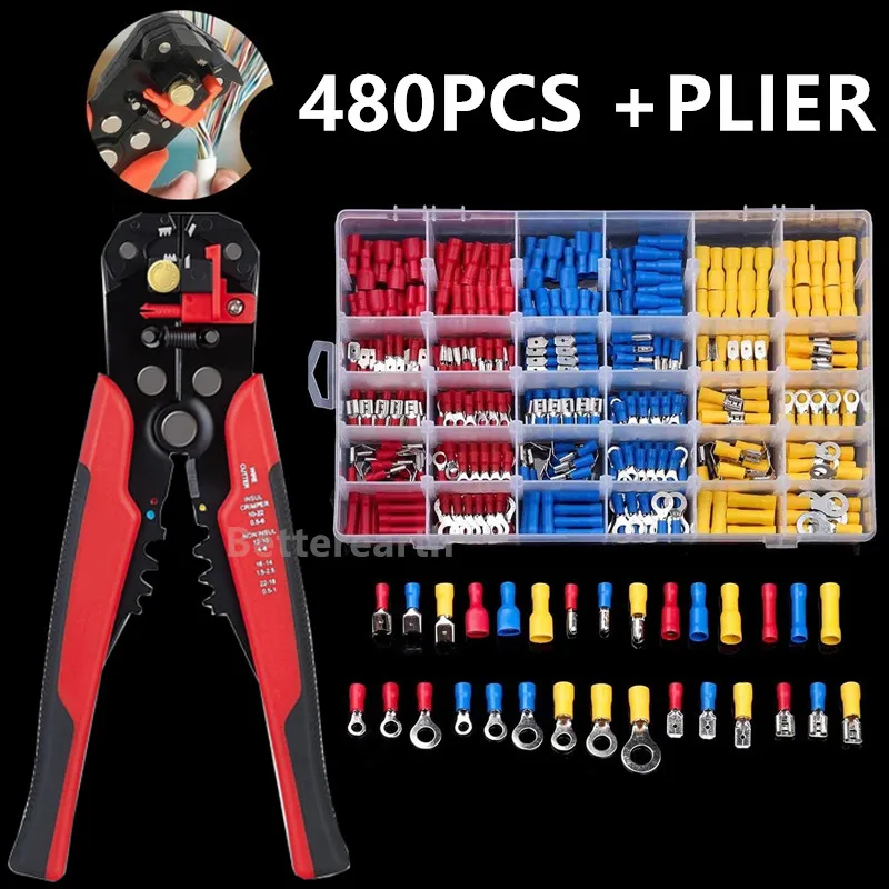 

480Pcs Assorted Spade Terminals Insulated Cable Connector Electrical Wire Crimp Butt Ring Fork Ring Lugs + Wire Stripper