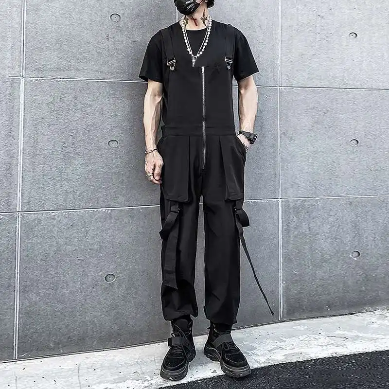 

2021 для мужчин комбинезон свободного кроя однотонный Цвет комбинезон на подтяжках для мужчин на молнии уличная мода, повседневные брюки-кар...