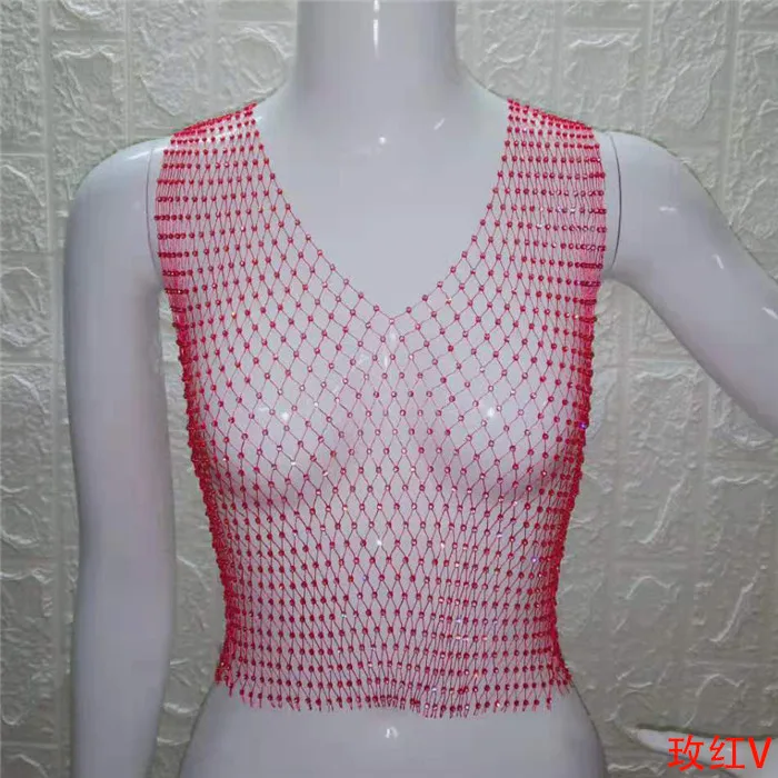 Rose red V-neck FestivalQueen Сексуальная Бриллиантовая сетка обрезанная майка женская летняя накидка бикини Прозрачная сетка со стразами вечерние клубный кроп-топ - Цвет: Rose red V-neck