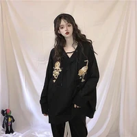 houzhou autumn harajuku hoodies women oversized vintage embroidery v neck pullovers hip hop long sleeve fleece hoodie gothic