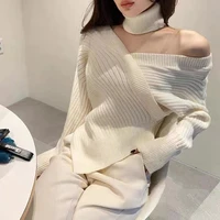 fashion irregular off shoulder sweater women fallwinter v neck design sense detachable high neck stretch bottoming sweater top