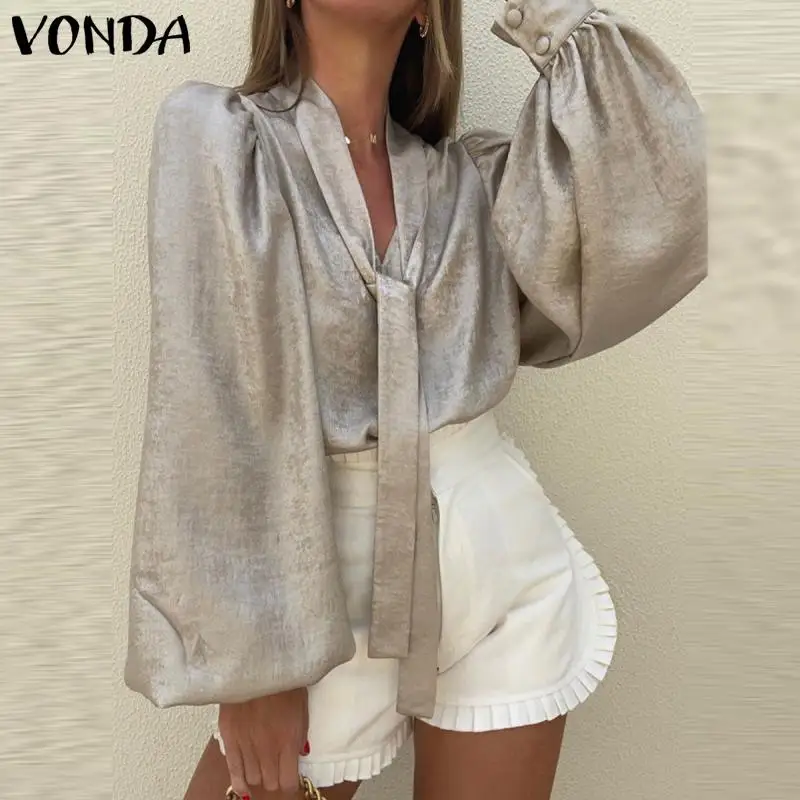 

Осенние Рубашки с длинным рукавом на шнуровке 2021 VONDA, женские топы с рукавами-фонариками и V-образным вырезом для вечеринки, Повседневная блу...