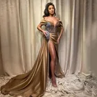 UZN Золото Русалка вечернее платье, украшенное блестками и с открытыми плечами выпускного вечера вечерние, с низким вырезом на спине и длинным шлейфом Саудовская Аравия Платья знаменитостей