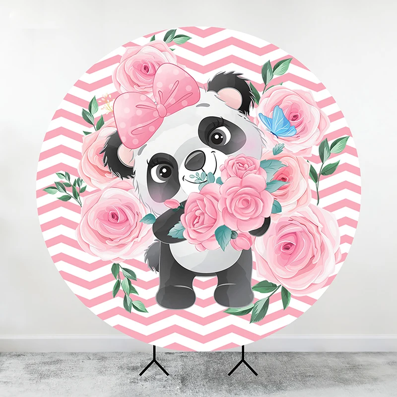 Circle Round backdrop Cover Custom Cartoon Cute Panda Baby Bus Background Pink Flower Photo Studio Banner