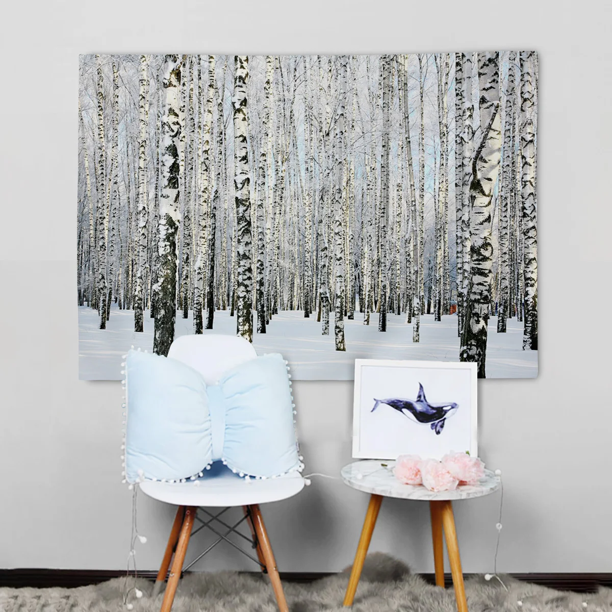 Снежный лес Березовое дерево растение открытый зимний гобелен настенный Декор |