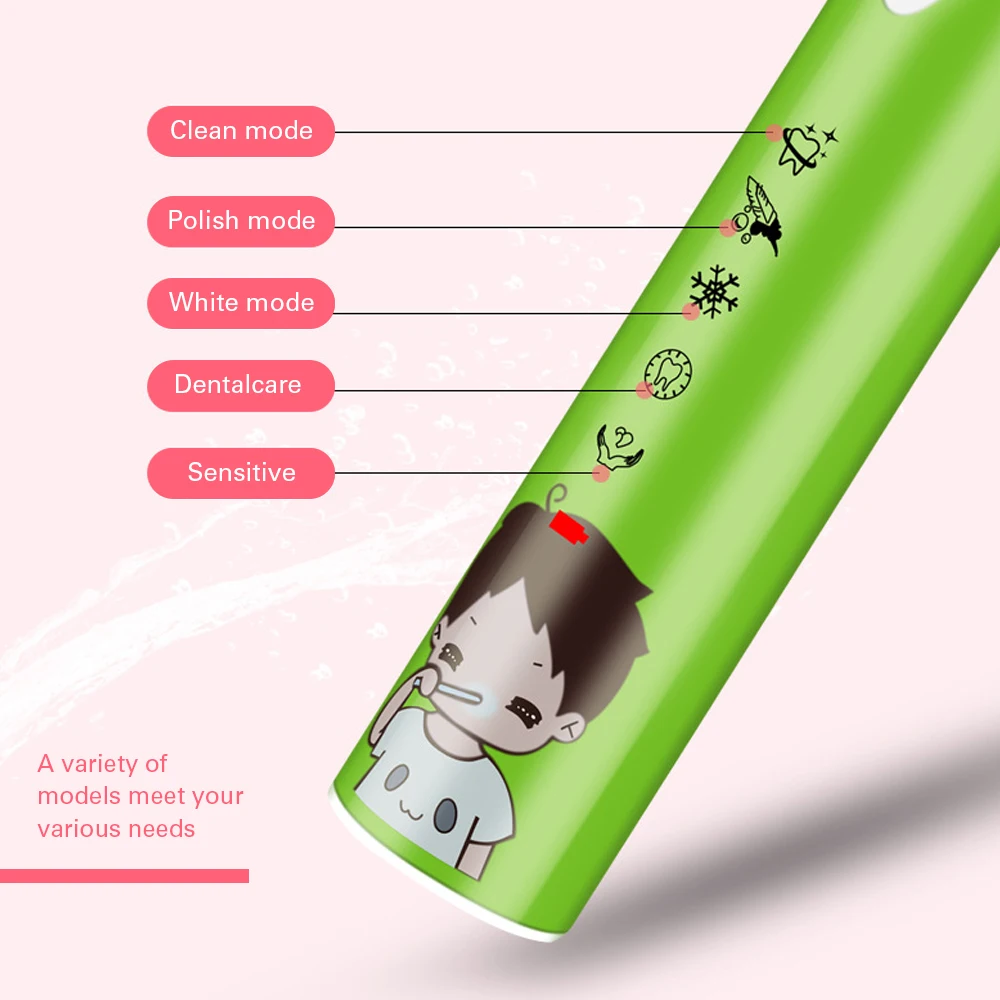 

5 Mode Children Automatic Electric Toothbrush USB Rechargeable Cartoon IPX7 Waterproof Ultrasonic Tooth Brush with 4 Brush Head