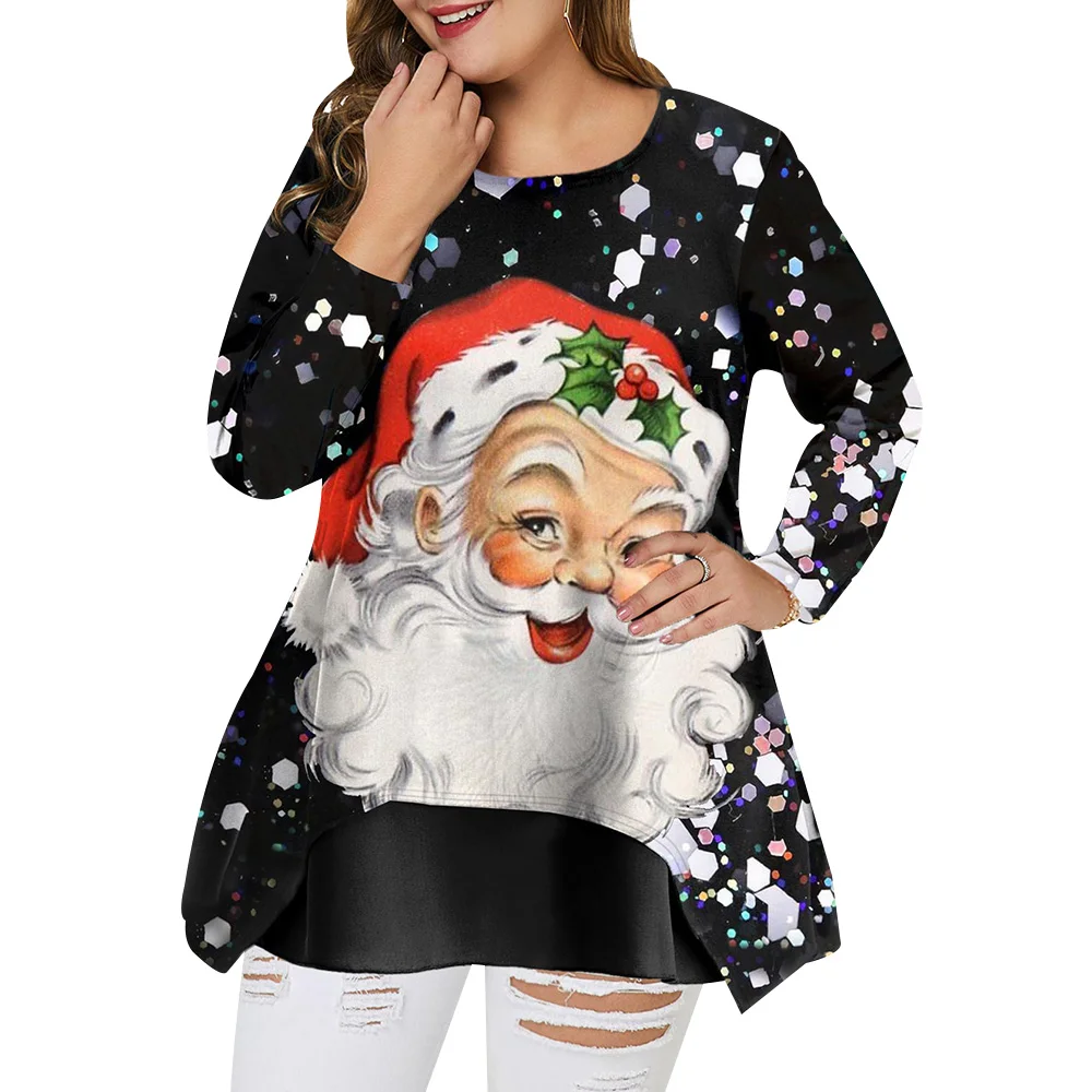 

Plus Size Black Irregular Hem Christmas Santa Claus Print Oversized Loose T Shirt Big Size Tops Women Peplum Blusas Size Pluss