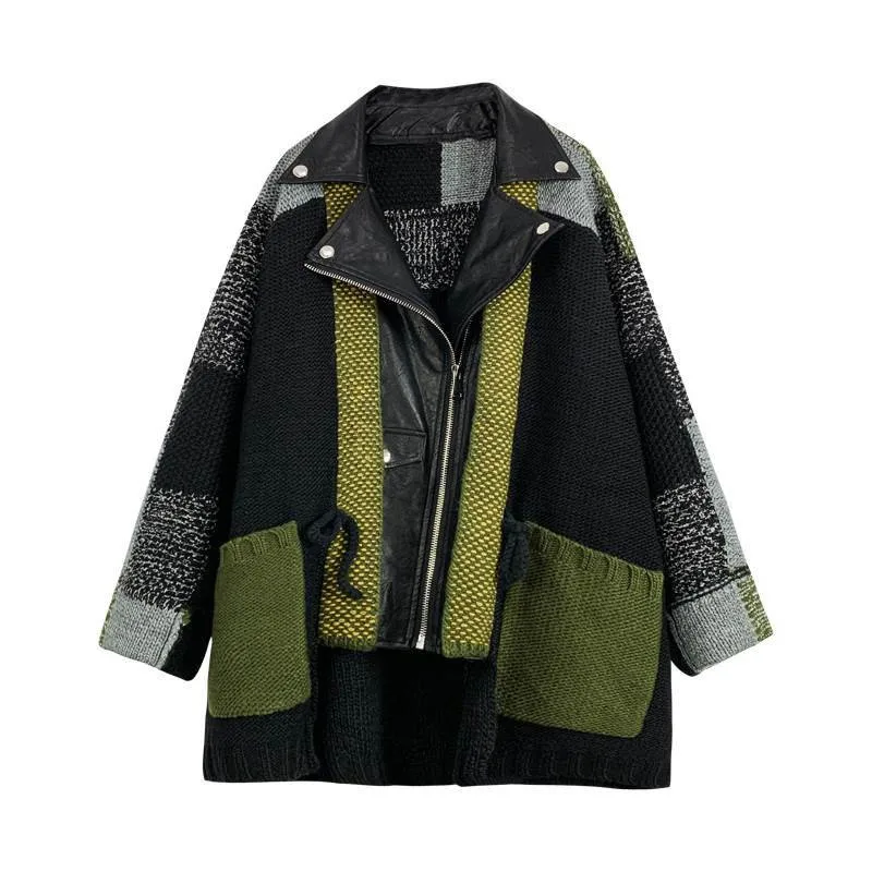 

2021 Новинка; Сезон осень-зима; Куртки; Модная женская одежда с отложным воротником; С рукавами «летучая мышь» Вязание из PU искусственной кожи,...