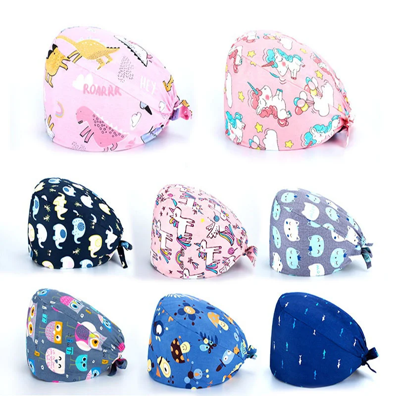 

High Quality Adjustable Sweat-absorbent Elastic Multicolor Scrubs Hats Unisex Scrubs Caps Adjustable Cotton Tooth Printing Hats