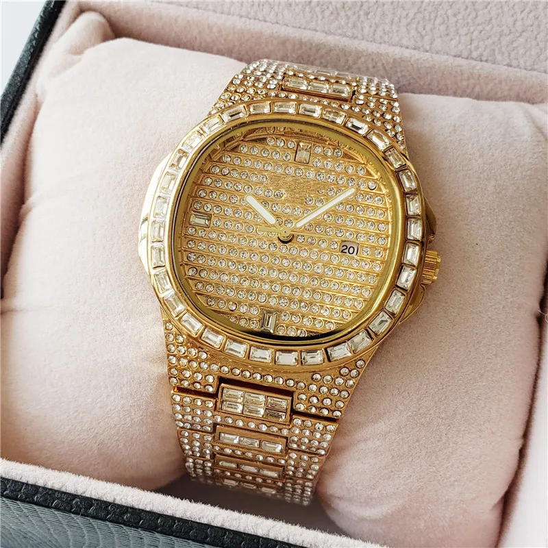 GUCY часы в стиле хип-хоп Iced Out золотого цвета, кварцевые роскошные круглые часы с бриллиантами, мужские наручные часы из нержавеющей стали, подарок