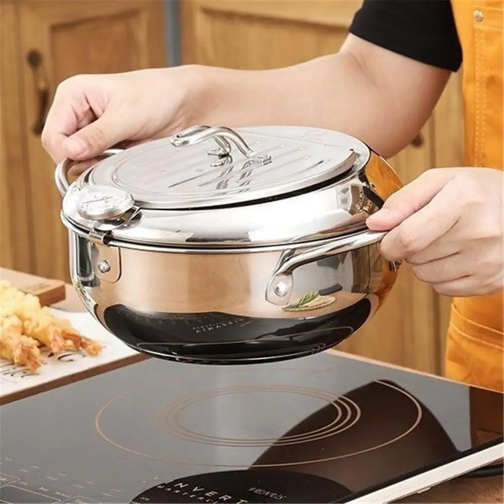 

Deep Fryer With Thermometer Lid Stainless Steel Safety Fryer Pot Fuel Saving Splash Proof Convenient For Kitchen Cooking