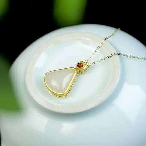 

Natural Hetian white jade geometric fan-shaped Pendant Necklace Chinese style retro unique craft elegant women's silver jewelry
