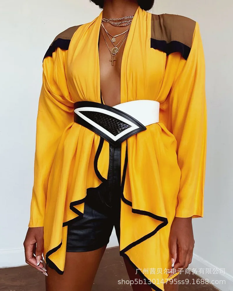 

2021 new yellow irregular long sleeve splicing coat - without