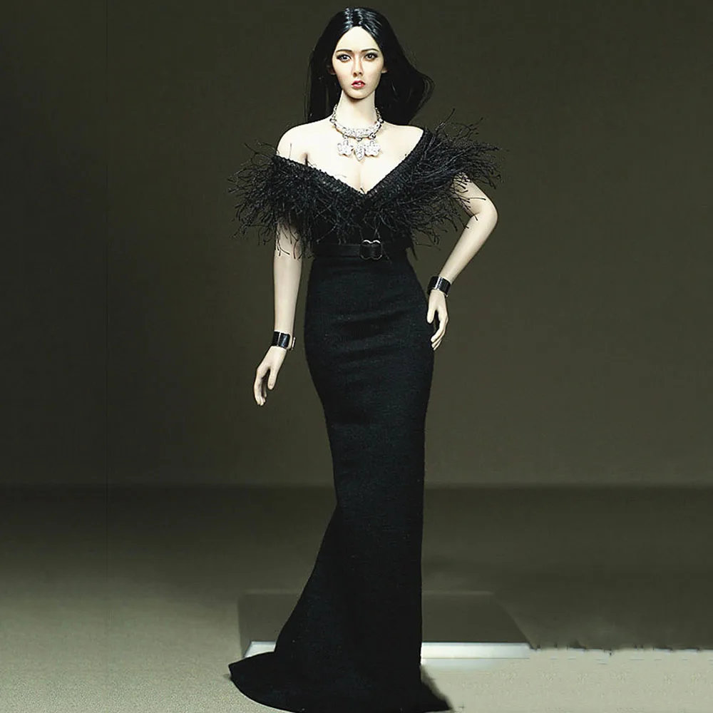 

Custom Made 1/6 Scale Sexy Female Soldier Figure V-neck Black Fluffy Tail Dress Clothing Belt Accessory for 12 inches Body