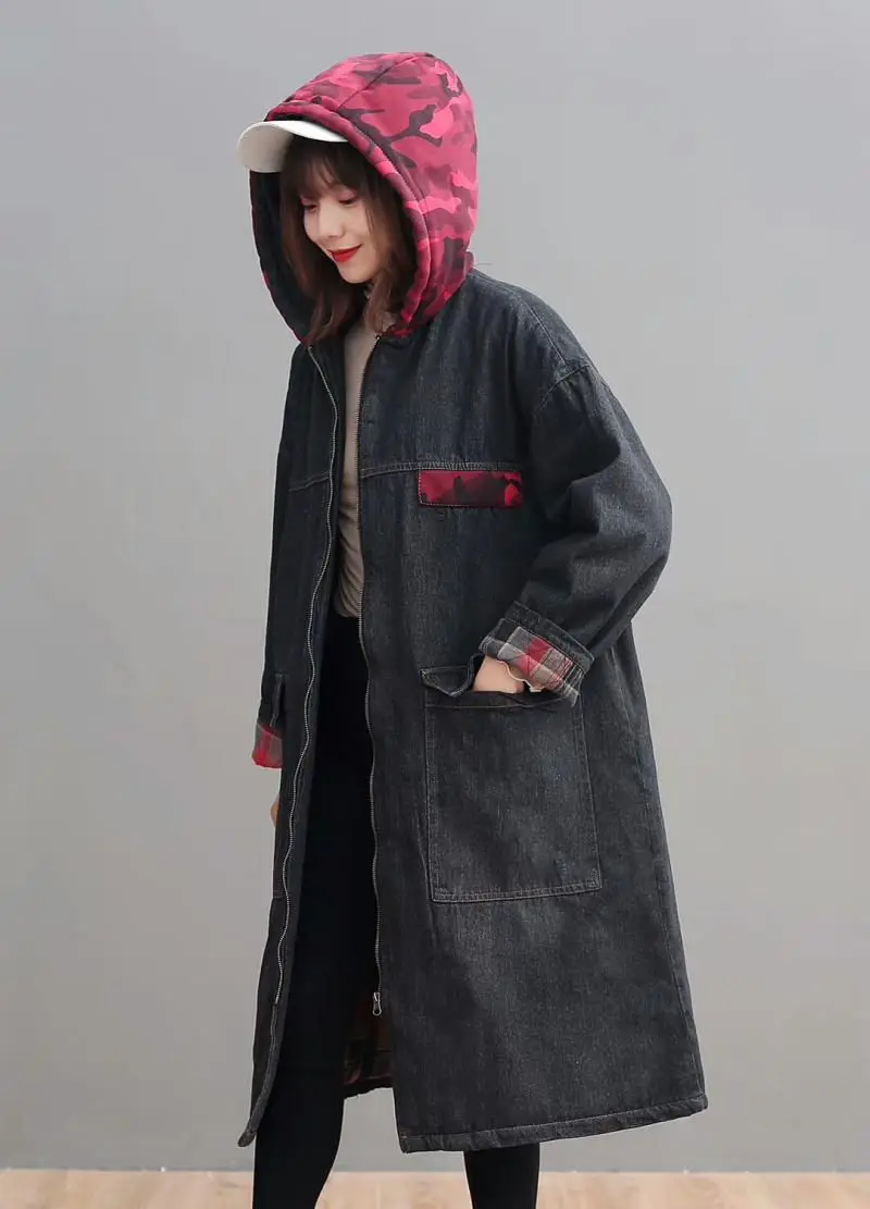 Женская джинсовая куртка свободная винтажная с капюшоном и карманами модель f2536