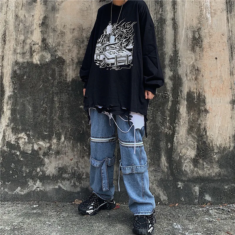 Lychee Harajuku Свободные повседневные женские толстовки с круглым вырезом топ с принтом пламени отверстие Женская Толстовка Топы весна осень женские пуловеры