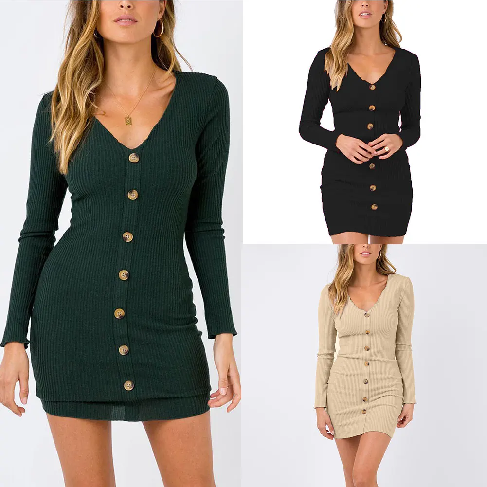 Женское облегающее платье на пуговицах с v образным вырезом и длинными рукавами