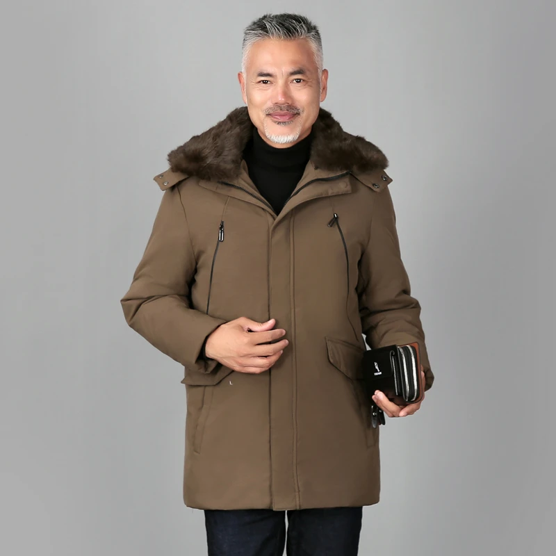

New Middle-aged Men Down Jacket for Father Real Fur Collar White Duck Down Coat Winter Jacket Men Overcoat Hooded Plus Size 5XL