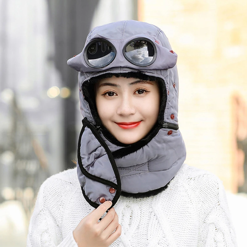 

Newest Winter Trapper Hat with Goggles Ear Flap Thermal Neck Warmer Cotton Polyster Outwear Unisex Promotion