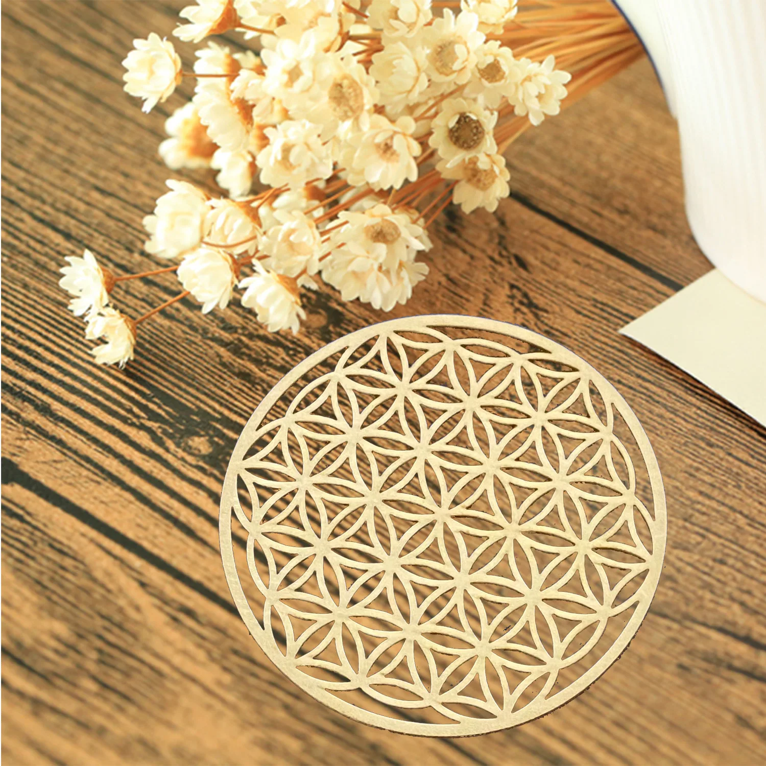 

1pc Chakra Flower of Life Natural Symbol Wood Round Edge Circles Carved Coaster for Stone Crystal Set DIY Decoration