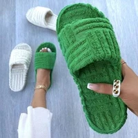 summer flat furry slippers women thick sole open toe solid color mules outdoor comfort leisure beach shoes for girls 2021