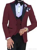 New Arrival Men Suits Burgundy and Black Groom Tuxedos Peak Lapel Groomsmen 3 Pieces ( Jacket+Pants+Vest+Bow Tie ) D269