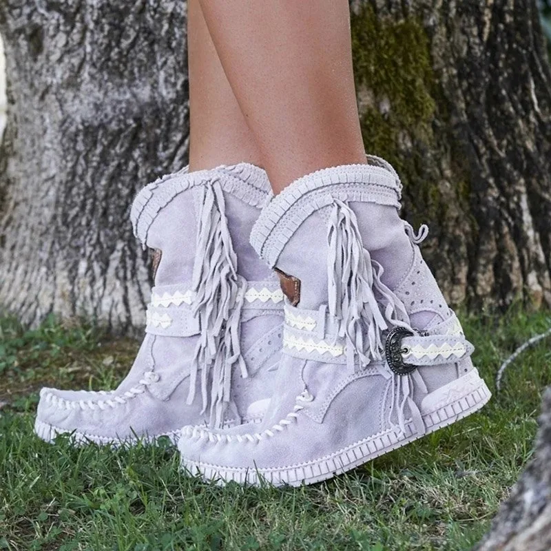 Dropshipping Women Ankle Short Boots Tassels Round Toe Buckle Strap Boots Ethnic Warm Non-slip Boots Shoe For Ladies Botas Mujer