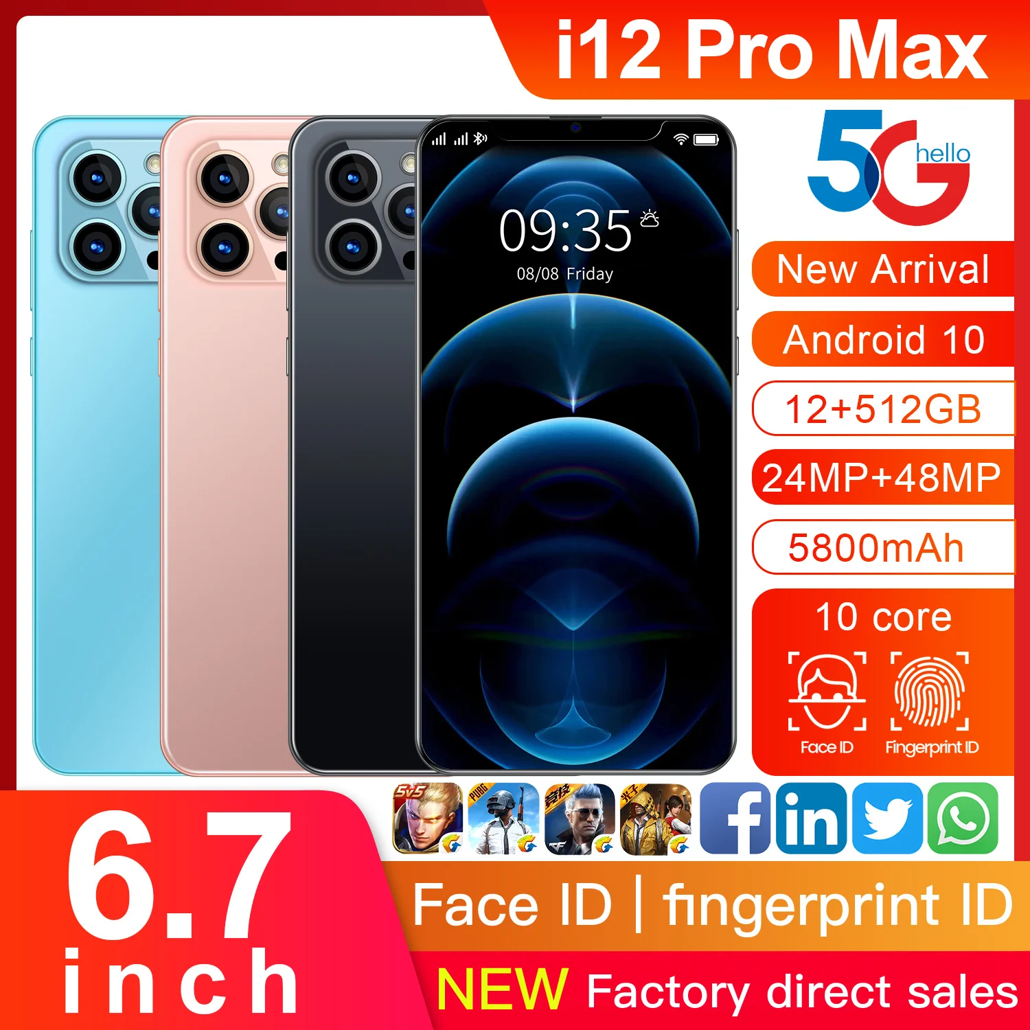 

Smartphone i12 Pro Max Global Version 6.7 Inch Dual SIM Andriod10.0 12GB RAM 512GB ROM 24+48MP 5800mah Deca Core Cellphone