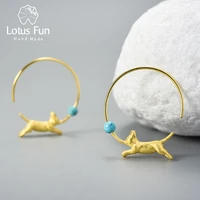 lotus fun 925 sterling silver green stone adorable running cat with balloon round hoop earrings for women 18k gold jewelry 2021