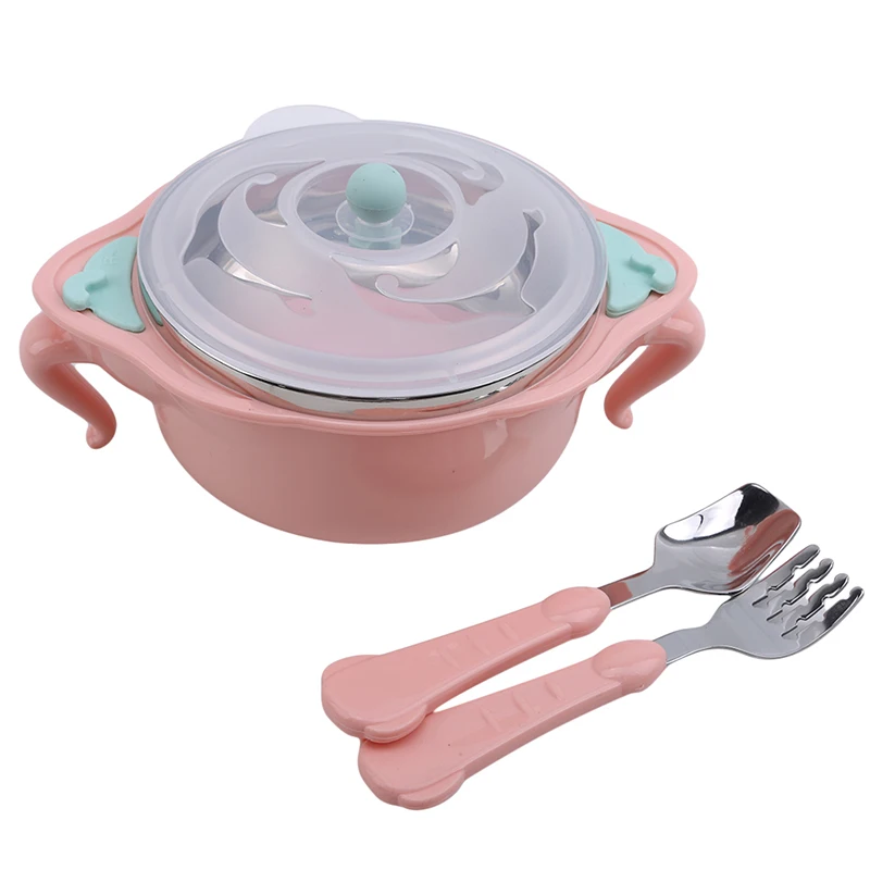 

Children's tableware stainless steel anti-drop bowl sucker bowl food supplement bowl spoon pink green 4 piece set