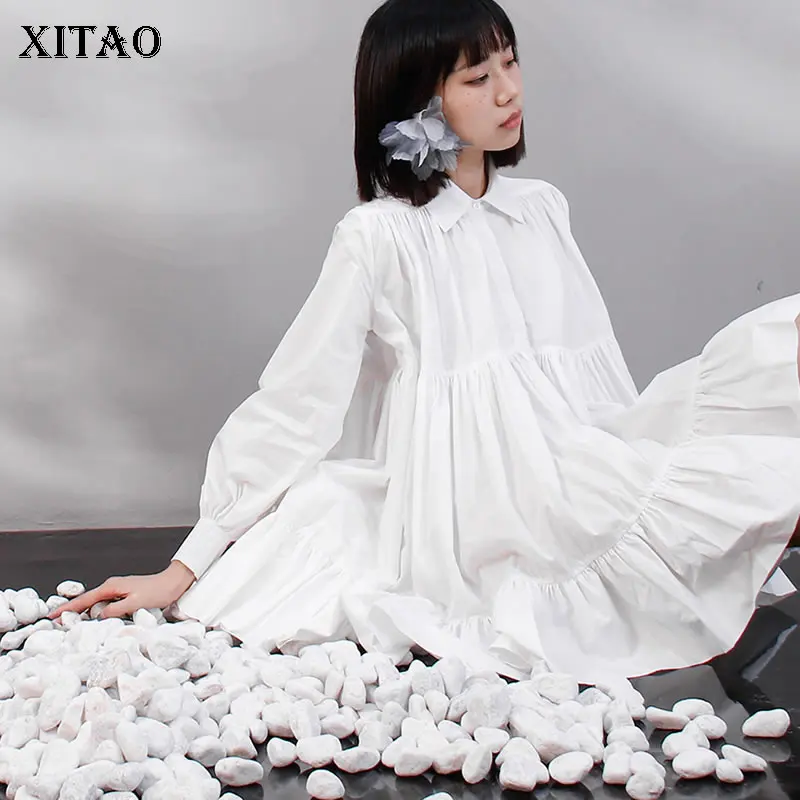 

Женское плиссированное платье XITAO, белое асимметричное свободное платье с длинным рукавом и оборками, модель 2021, WMD2259