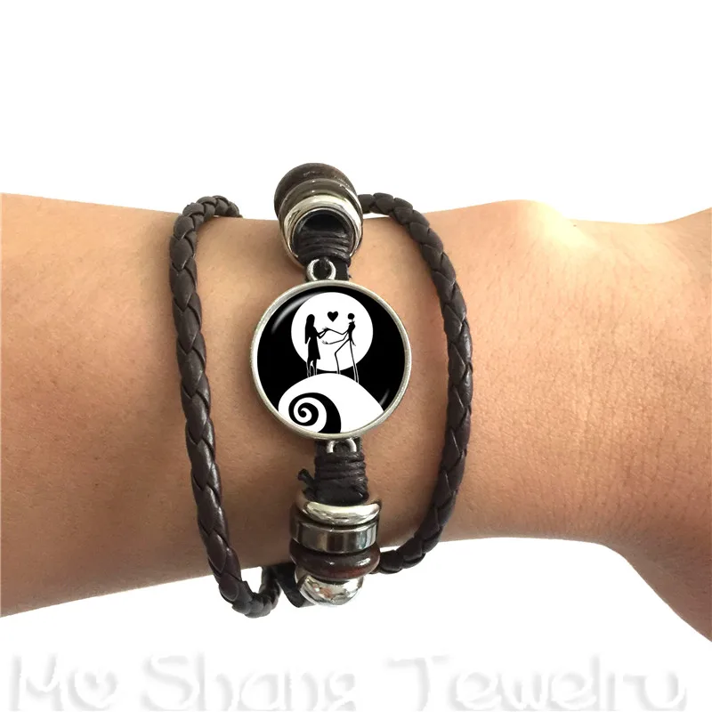 

he Nightmare Before Christmas Pattern Adjustable Leather Bracelet 20mm Jack And Sally Glass Dome Bangle Halloween Gifts