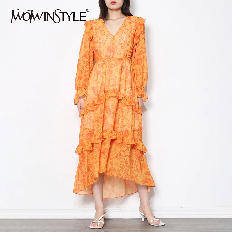 

TWOTWINSTYLE Vintage Ruffle Trim Long Dress For Women V Neck Long Sleeve High Waist Print Autumn Dresses Female Fashion New Fall