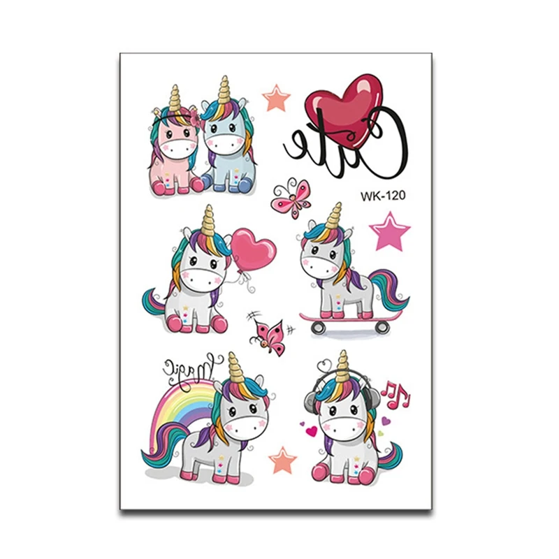 6 Sheet/Pack Random Color Cute Children Kids Cartoon Temporary Tattoos Sticker Girls Kids Unicorn Birthday Party Sticker