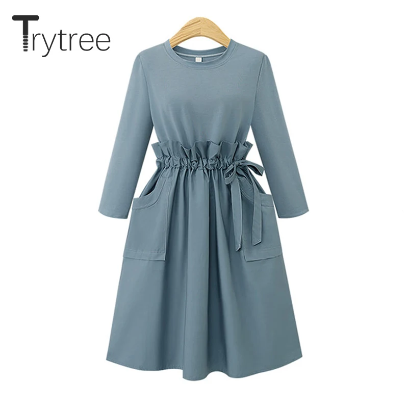 Осенне зимнее повседневное женское платье Trytree 2020 свободное модное однотонное