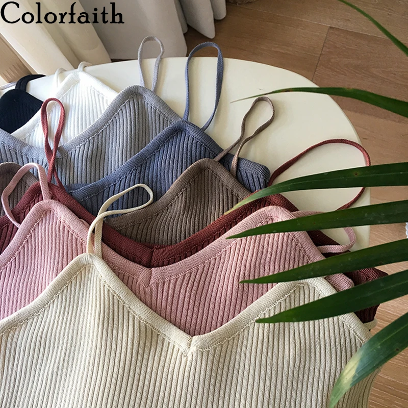 

Colorfaith New 2020 Spring Summer Women Tops Knitting Solid Multi Colors Tank Sexy Basic Lady Bottoming V-Neck Vest Tops V6103