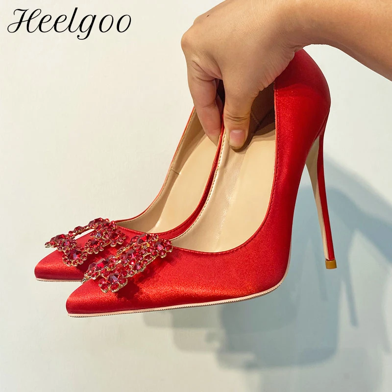 

Heelgoo Glitter Crystal Decor Women Red Satin Pointy Toe High Heel Wedding Bridal Shoes Gorgeous Stiletto Pumps 8cm 10cm 12cm