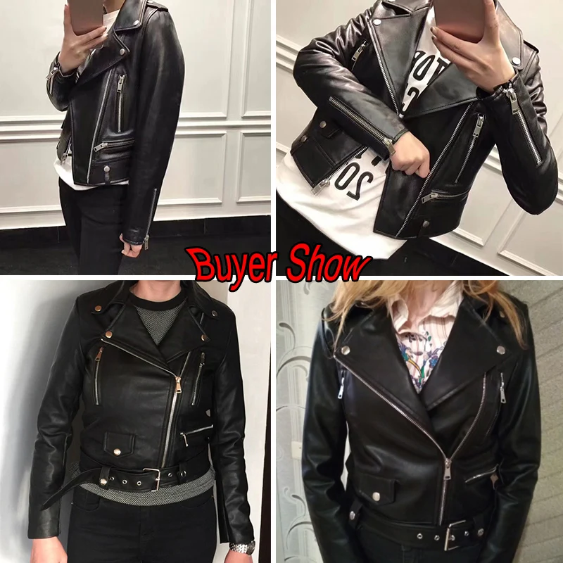 

Ailegogo New Women Spring Autumn Black Faux Leather Jackets Zipper Basic Coat Turn-down Collar Motor Biker Jacket With Belt