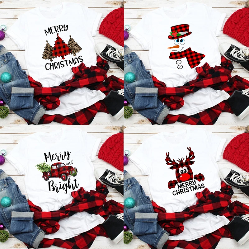 

Deer Tree Truck Snowman Print T Shirt Women Fashion Christmas Party Tops Short Sleeve T-shirt White Suitable All Seasons Tshirt