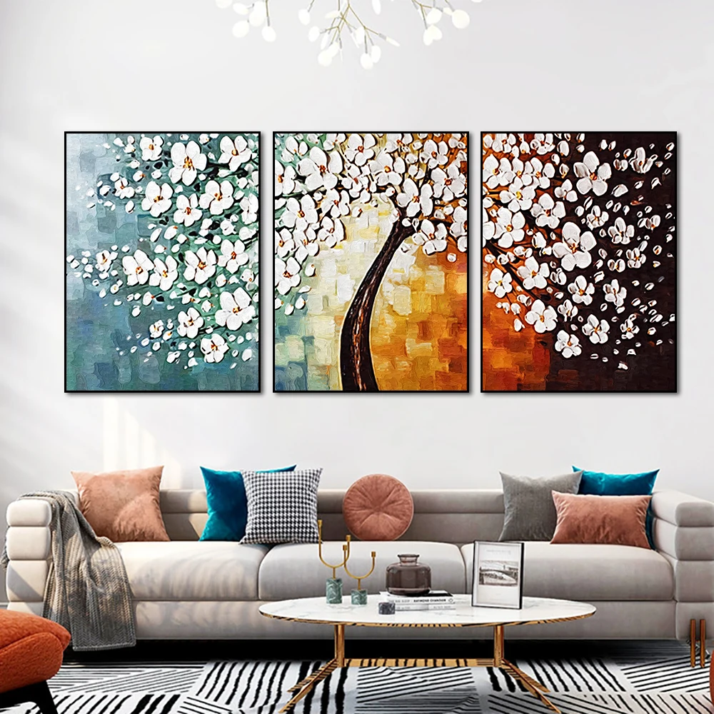 3 панели абстрактные 3D деревья с белыми цветами картина маслом напечатана на
