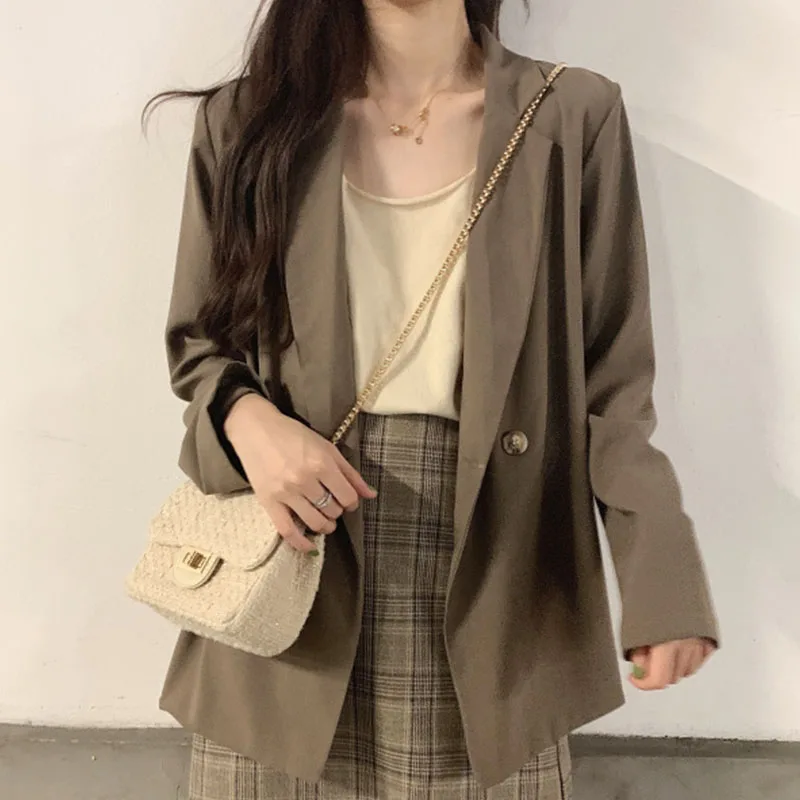 

Women Simple Elegent Khaki Black Casual Blazer Office Suit Jacket Female Spring Autumn Design 2021 New Streetwear Vintage Coat