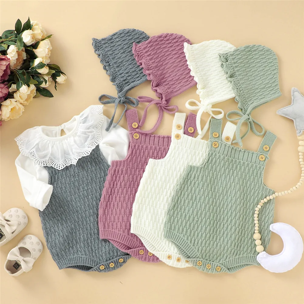 2Pcs Set Baby Knitted Romper Clothes Set Cotton Triangle Crotch Button One-Piece Jumpsuit+Hats Toddler Baby Boys Girls Outfits