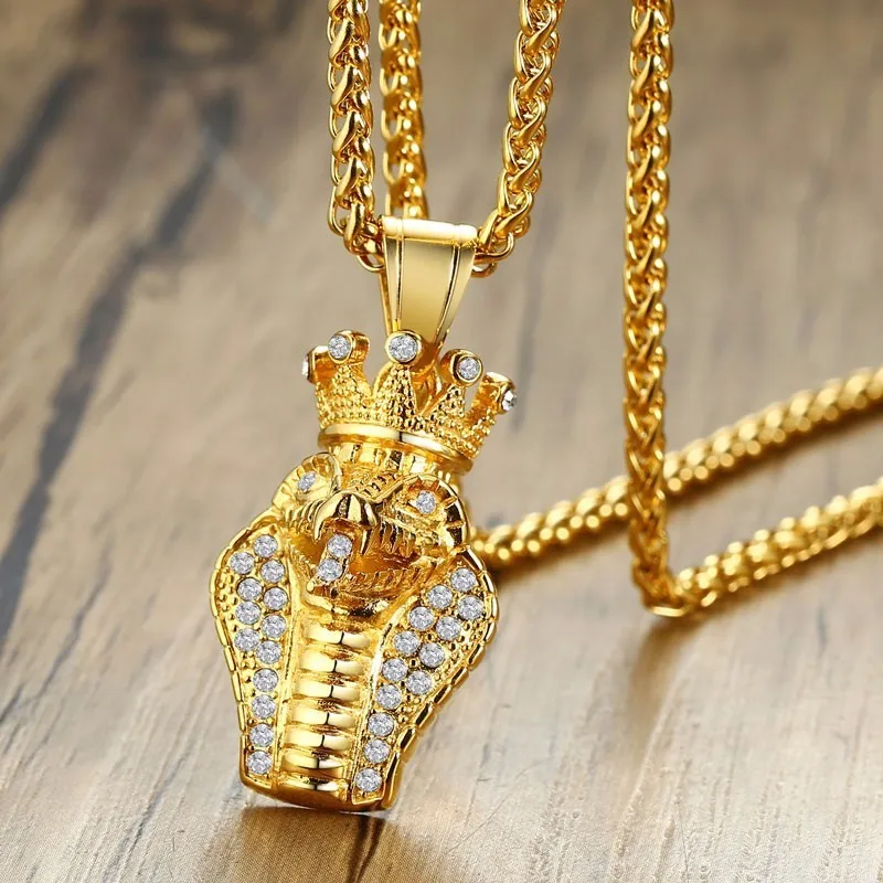 

Hip Hop Jewelry Vnox Rock Gold Tone Cobra Pendant with AAA CZ Stones Snake Necklaces for Men Street Wear 24" Wheat Chain
