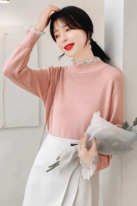 

New Elegant women autumn winter new Korean version ruffled sweater top pure color sweater