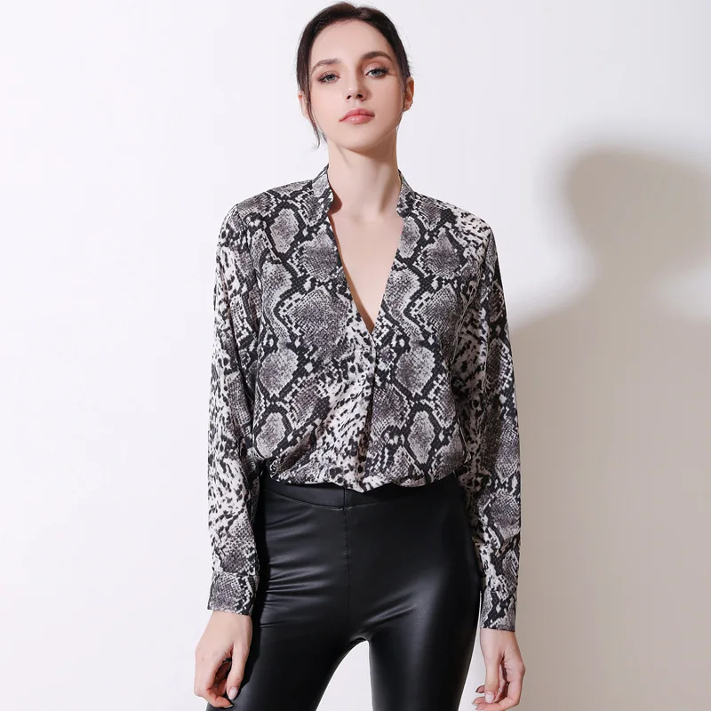 

Snake Print Top Woman V Neck Blouse Spring Summer 2021 Long Sleeve Chiffon Shirt Loose Fashion Ropa De Mujer Elegant Chemisier