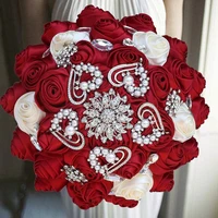 1pclot red wedding bouquet gold diamond silver diamond pearl decoration bridal wedding bouquet artificial ribbon rose weddin