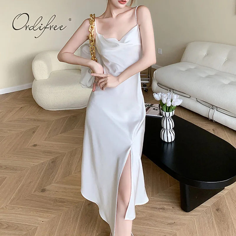 Женское атласное платье Ordifree белое винтажное пляжное на бретелях-спагетти с